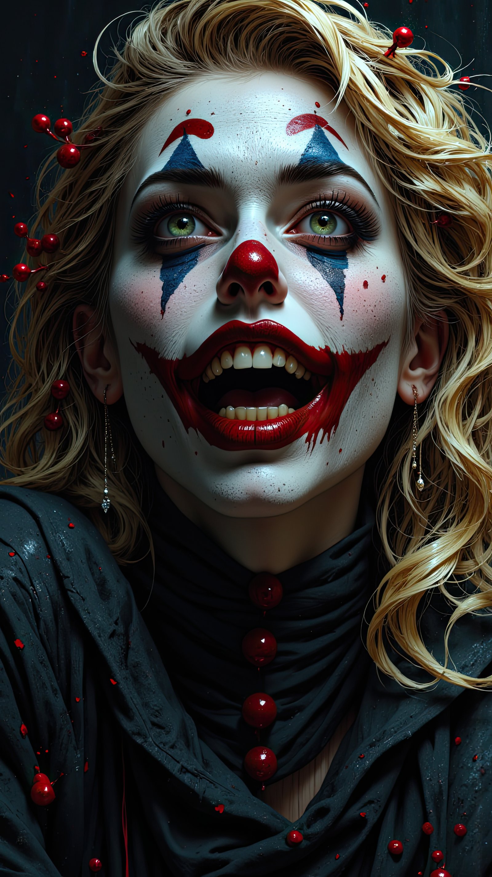 A woman with blonde hair and clown makeup smiles widely, her red lips stretched in a sinister grin