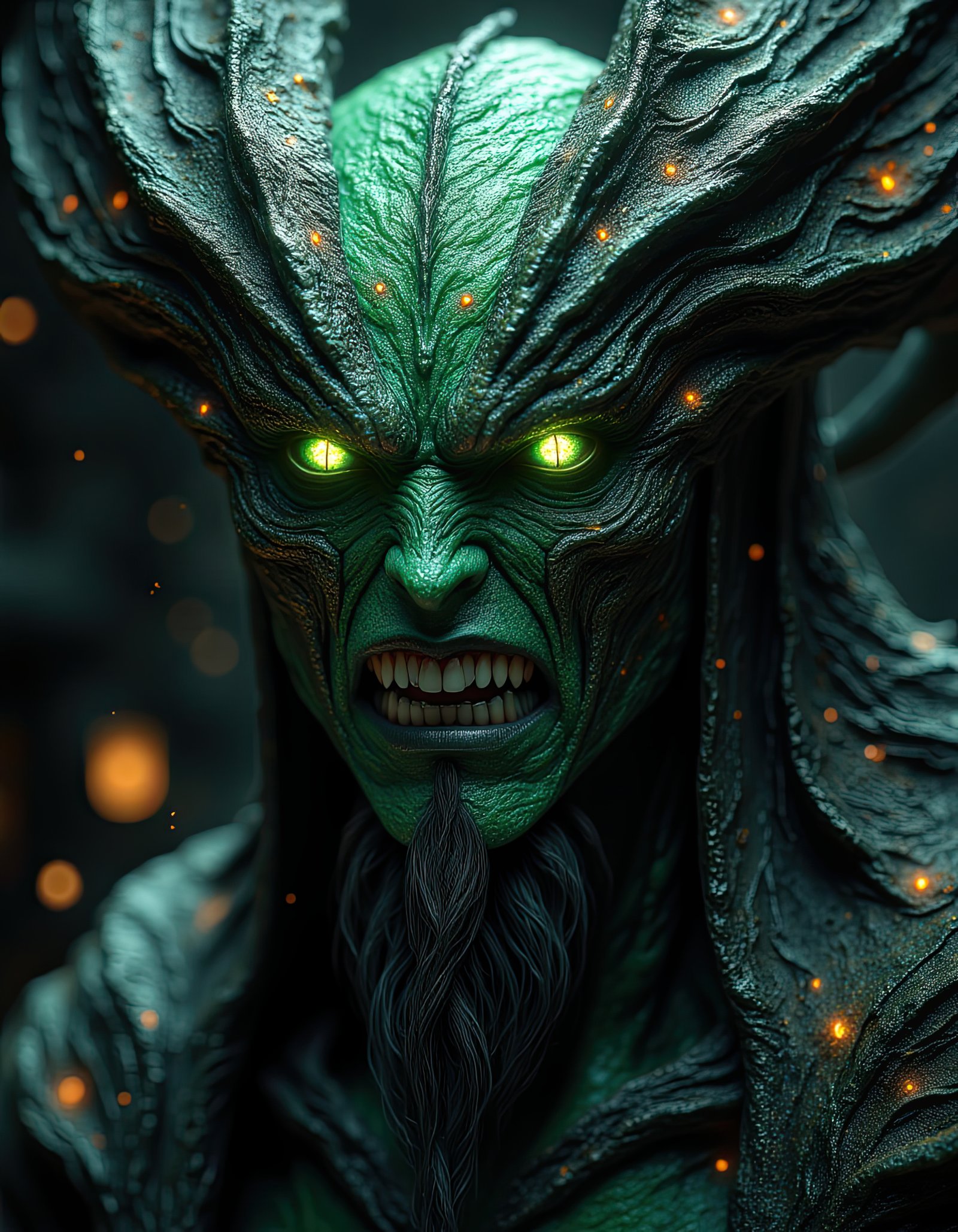 A close-up of a green, monstrous creature with glowing eyes and a snarling expression