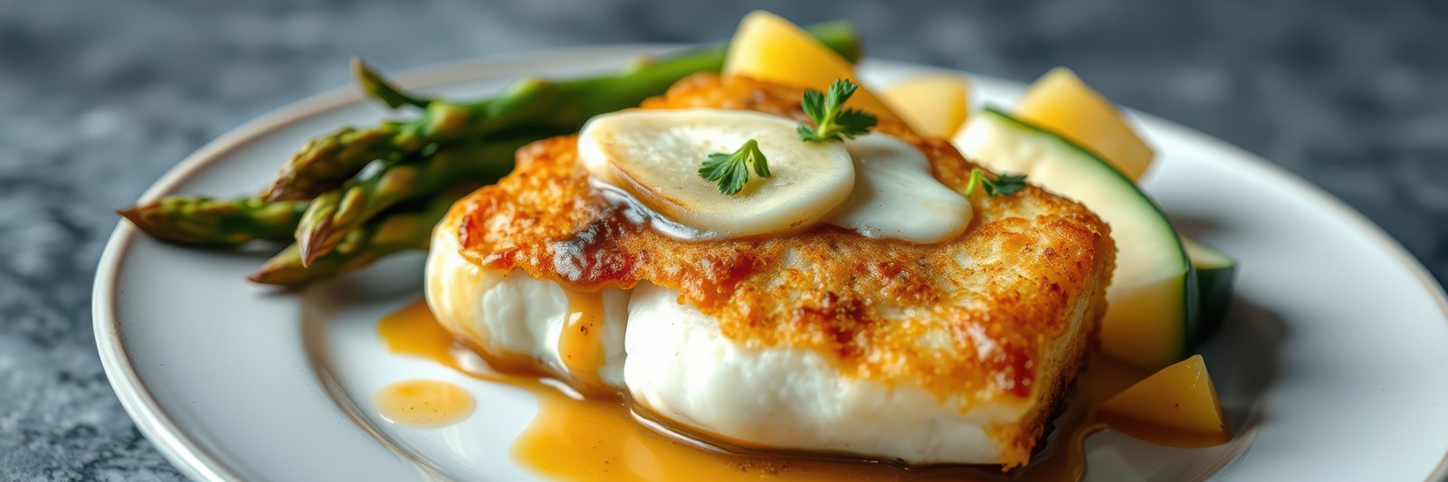 A plate of pan-seared fish with a creamy sauce, asparagus, and zucchini, perfect for a light and delicious meal