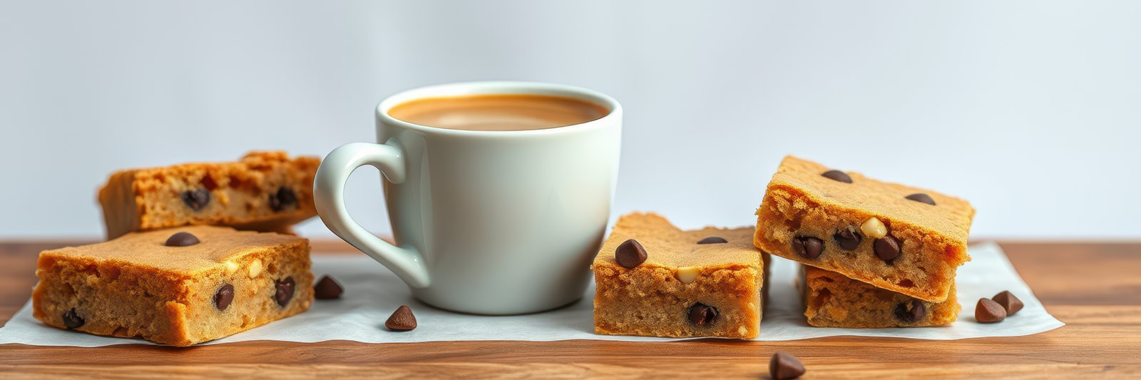 A cup of coffee and peanut butter bars with chocolate chips on a wooden surface