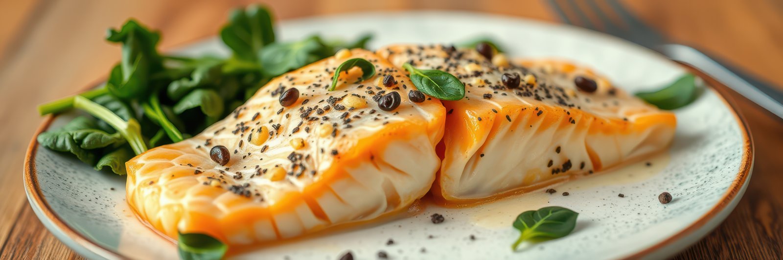 A plate of baked cod with spinach and peppercorns