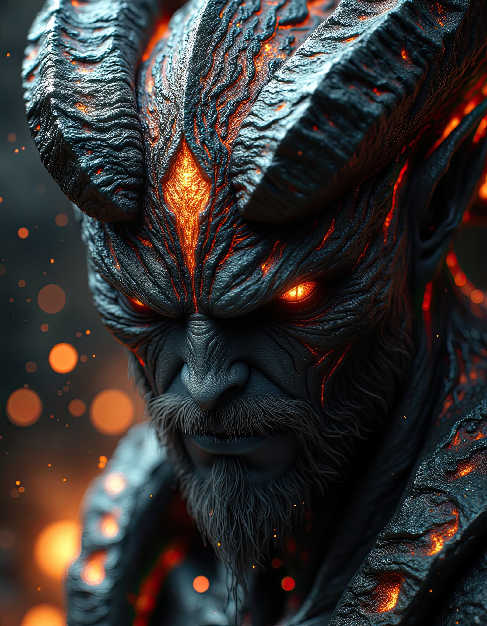 A close-up portrait of a fiery demon with glowing red eyes, captured in a digital illustration