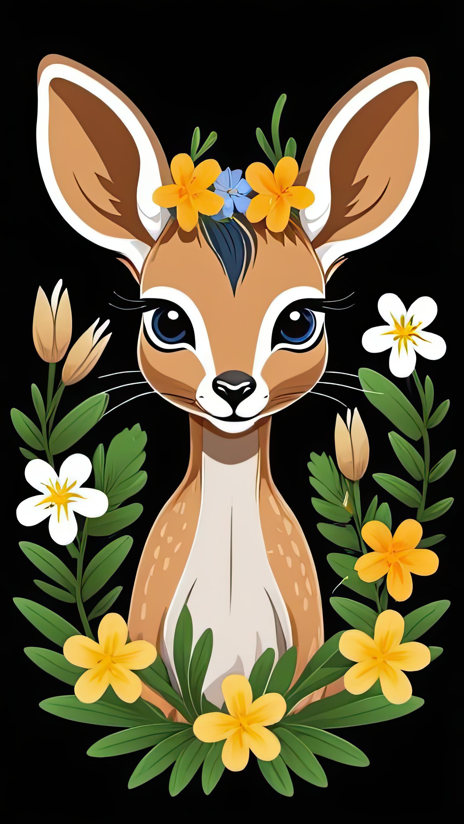 A cute, cartoon deer with a floral crown stands in front of a black background