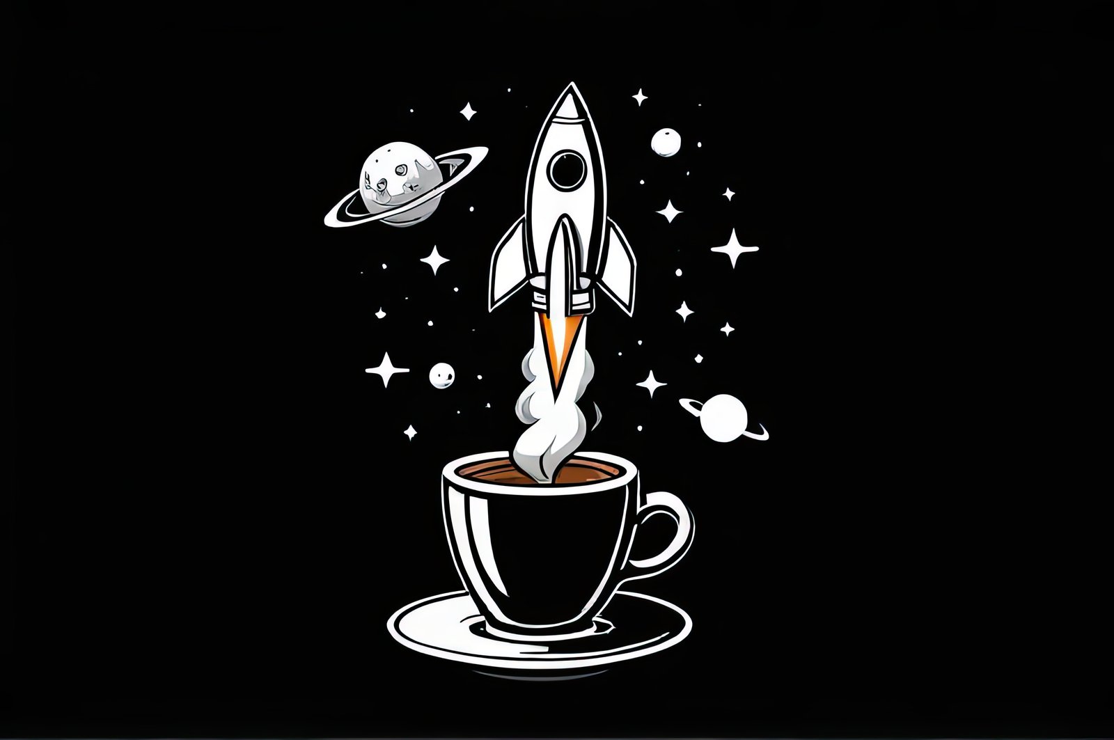 A rocket blasts off from a cup of coffee, surrounded by stars and planets