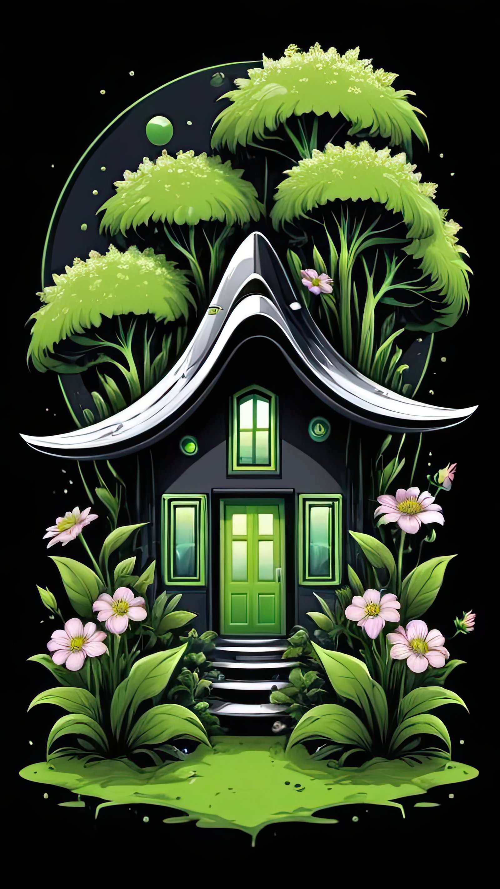 A small house with a green door sits in the middle of a lush forest