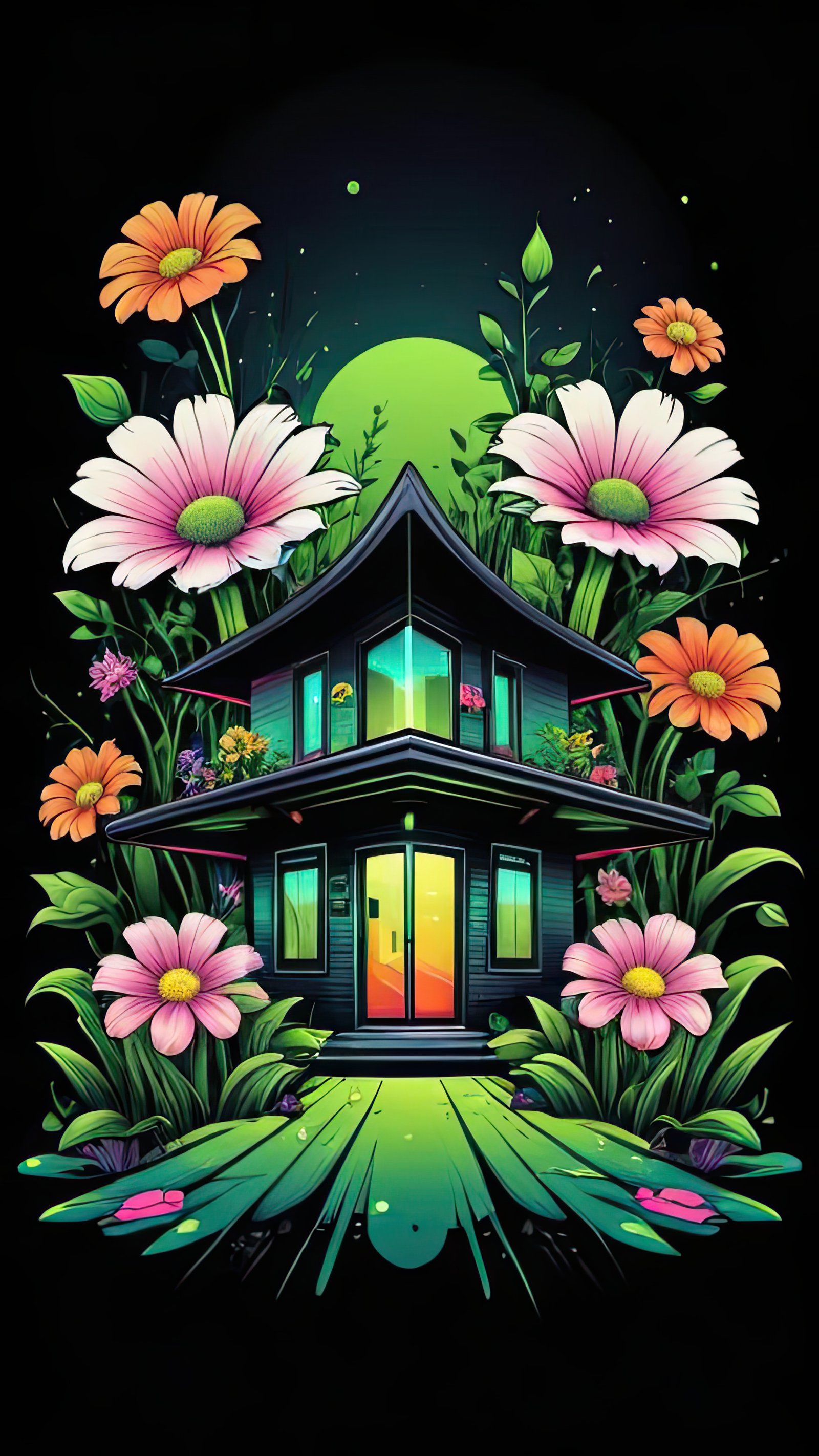 A small, colorful house sits surrounded by flowers and greenery under a glowing green moon