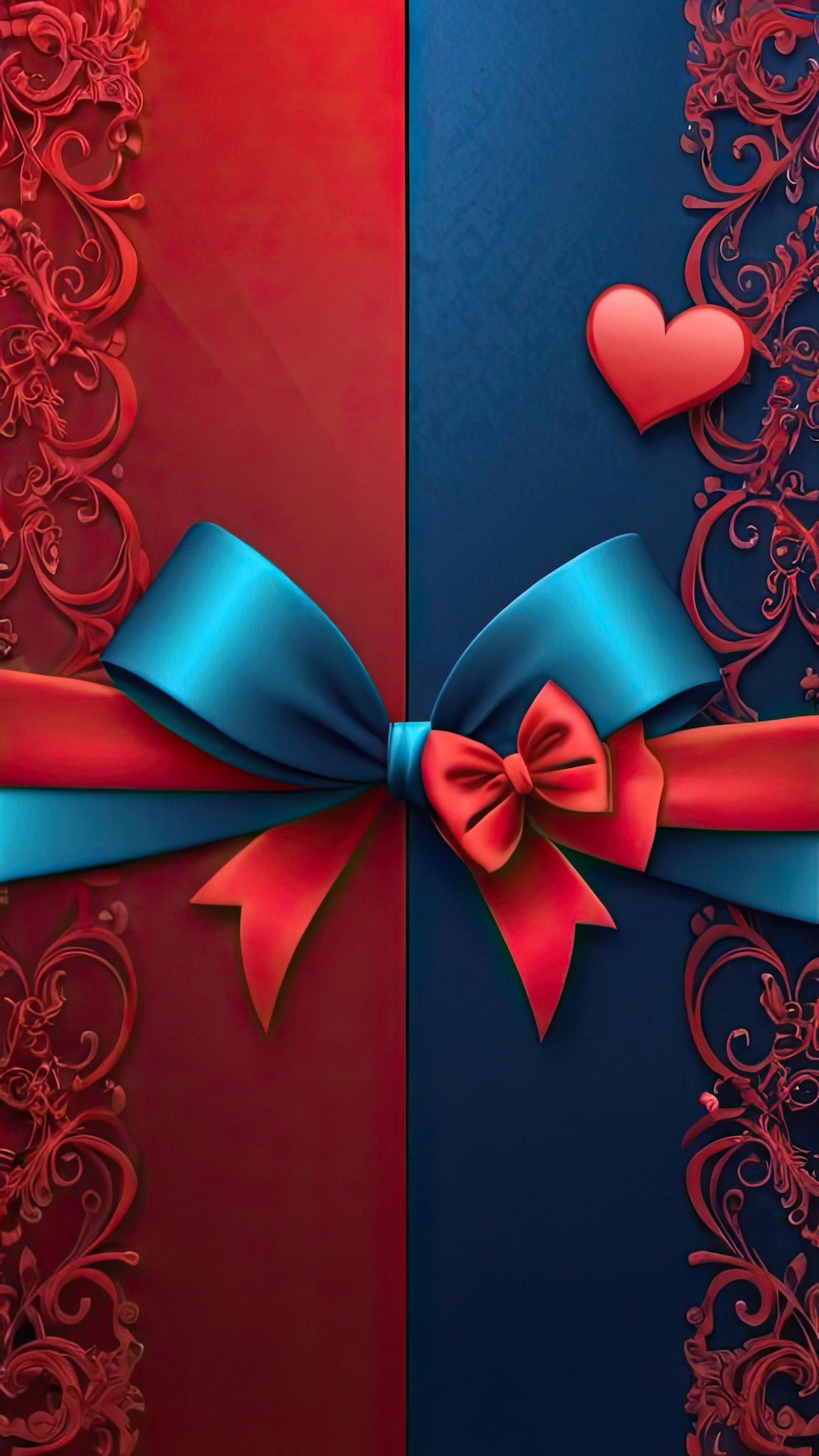 A blue bow with a red ribbon sits on top of a red and blue background