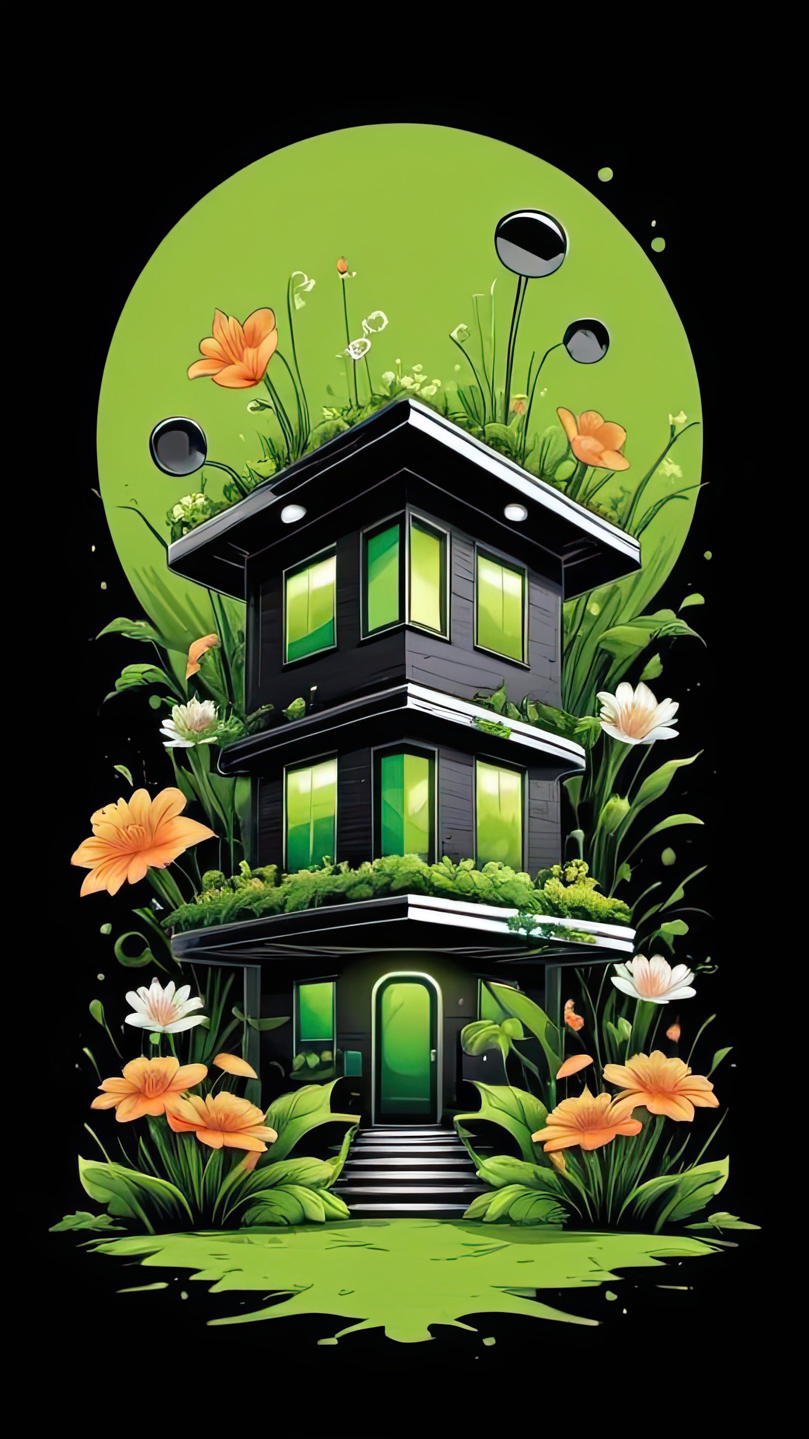 A three-story house covered in lush greenery and blooming flowers is illuminated against a dark night sky