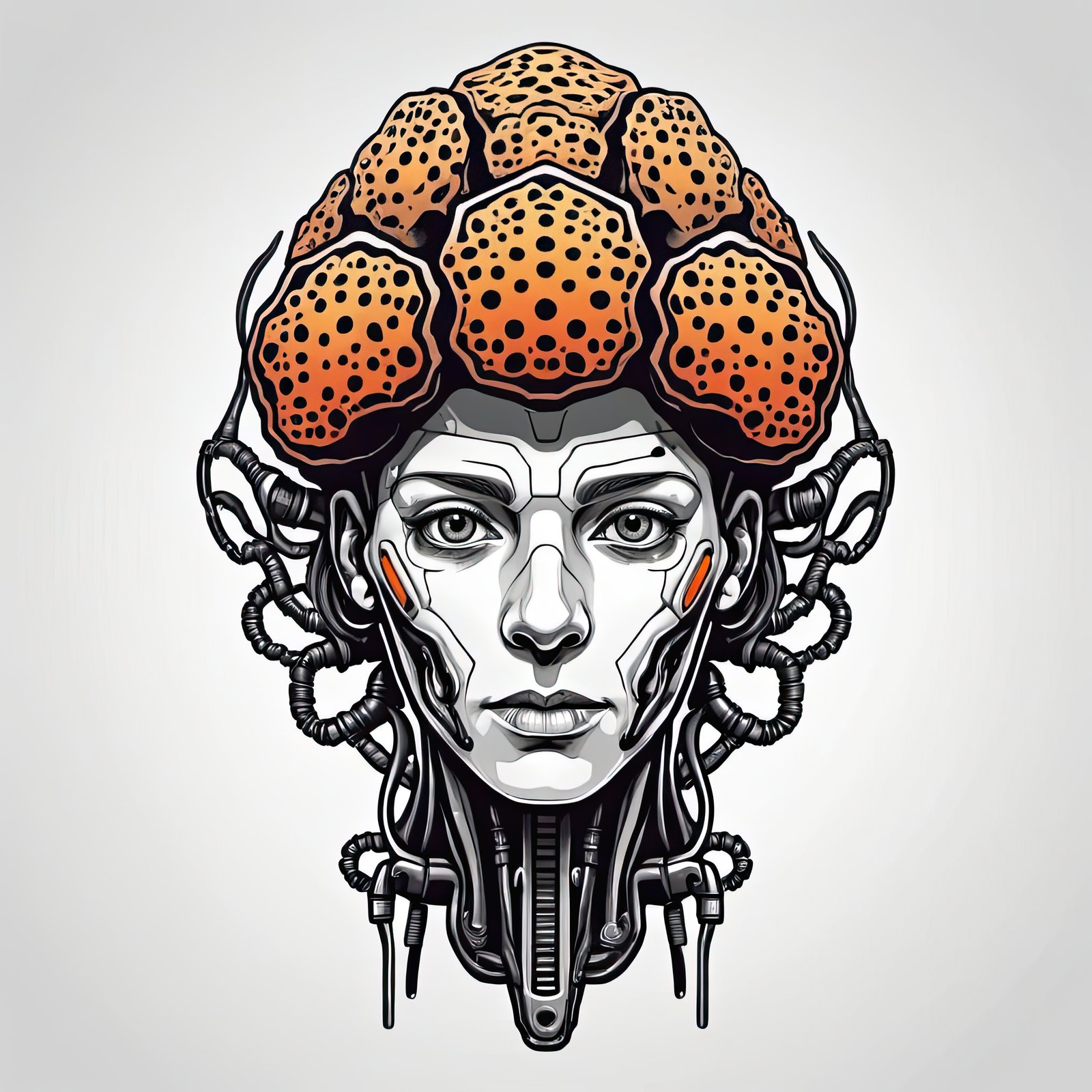A digital illustration of a woman with a complex, orange, biomechanical headpiece