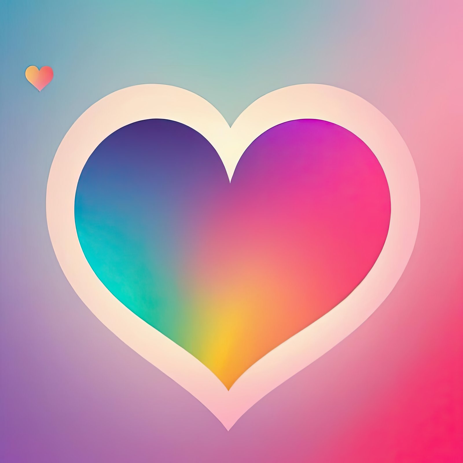 A colorful heart with a white outline, on a gradient background