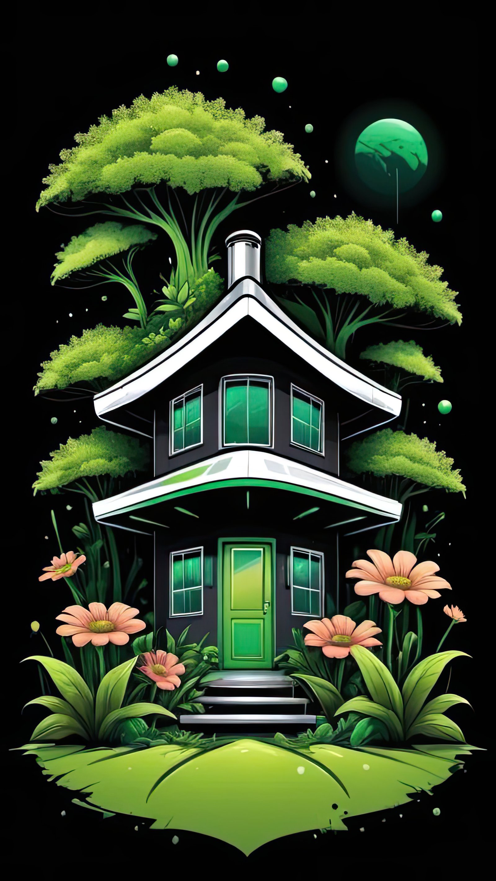 A small house with a green door sits in the middle of a lush garden under a full moon