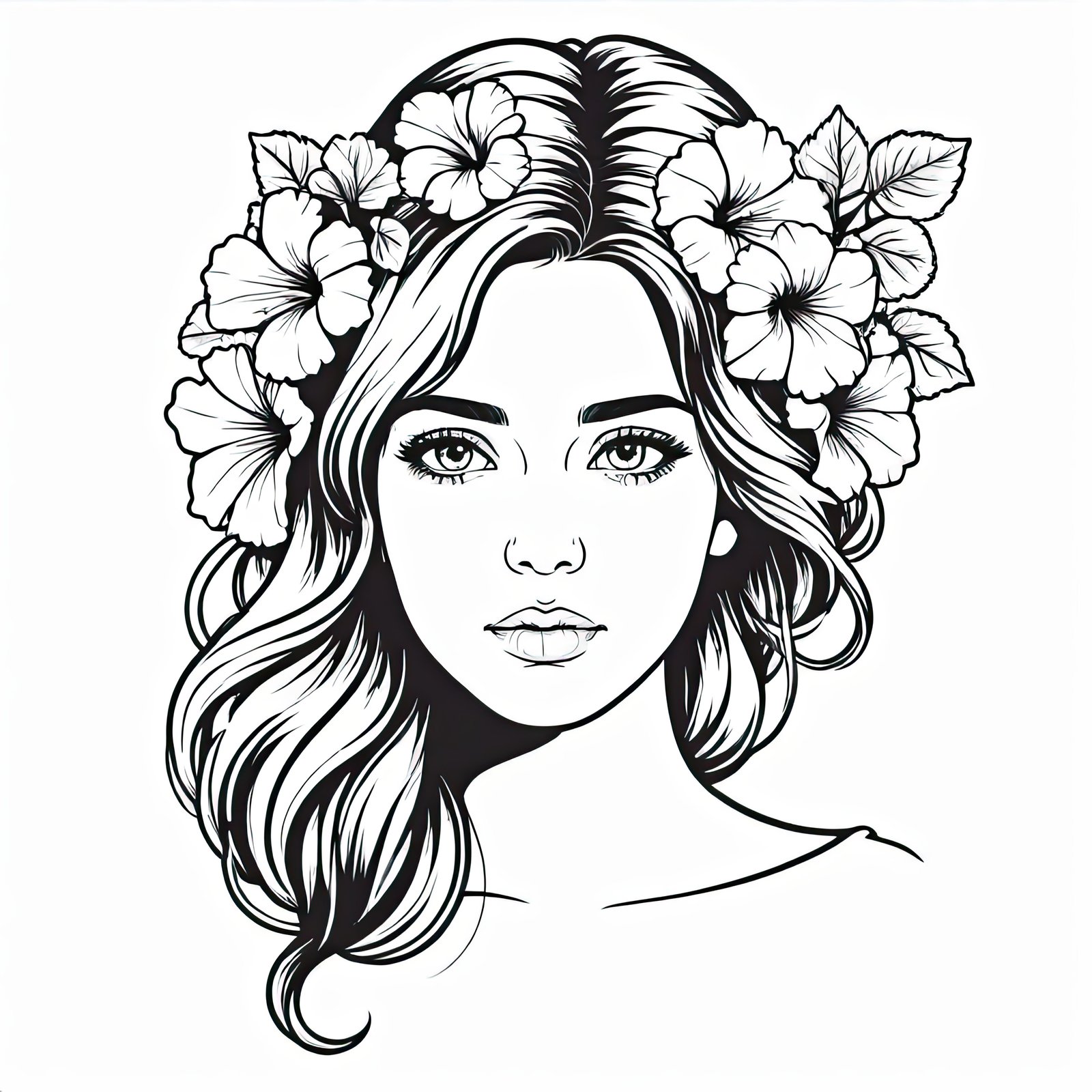 A black and white illustration of a woman with long, flowing hair wearing a flower crown