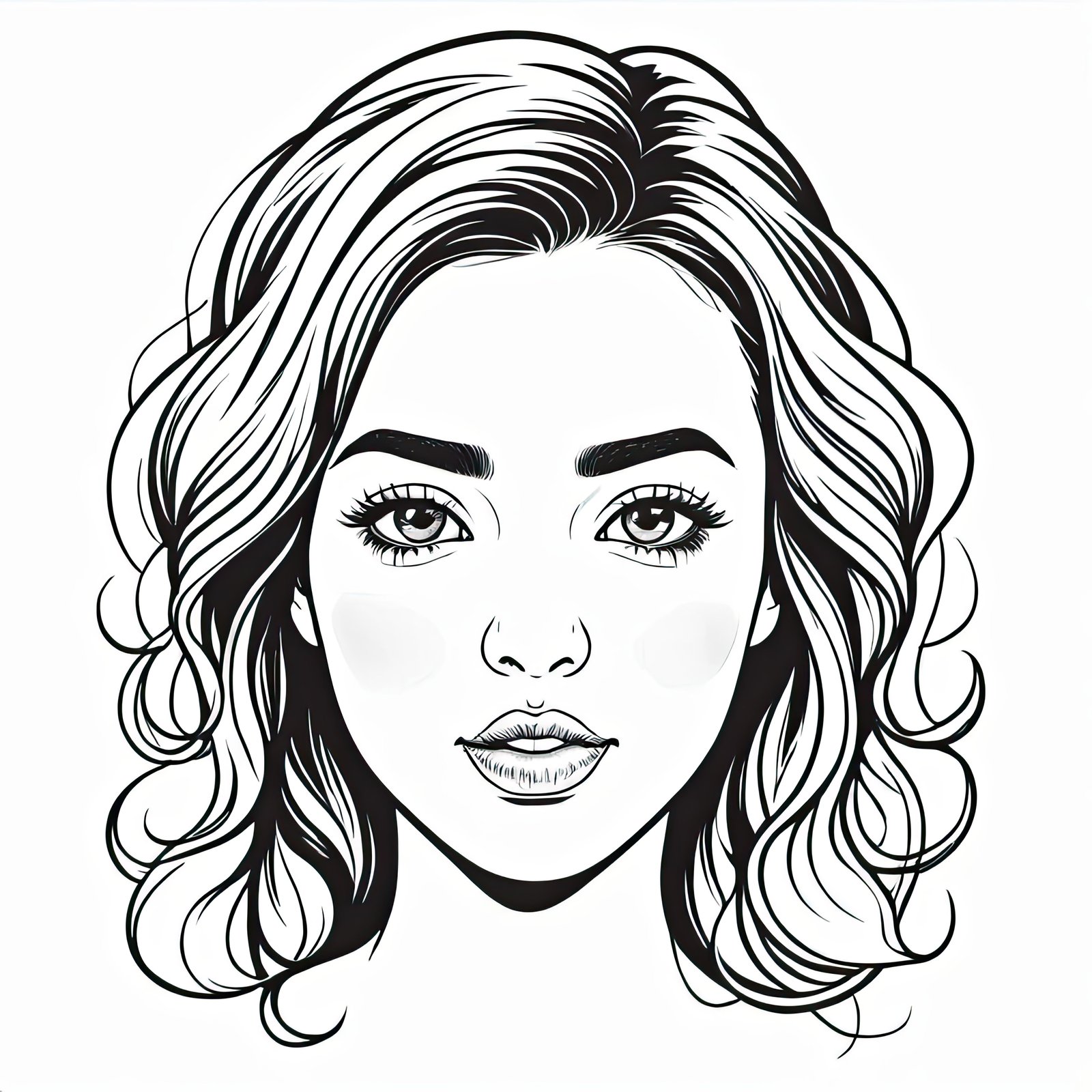 A black and white drawing of a woman with long, curly hair