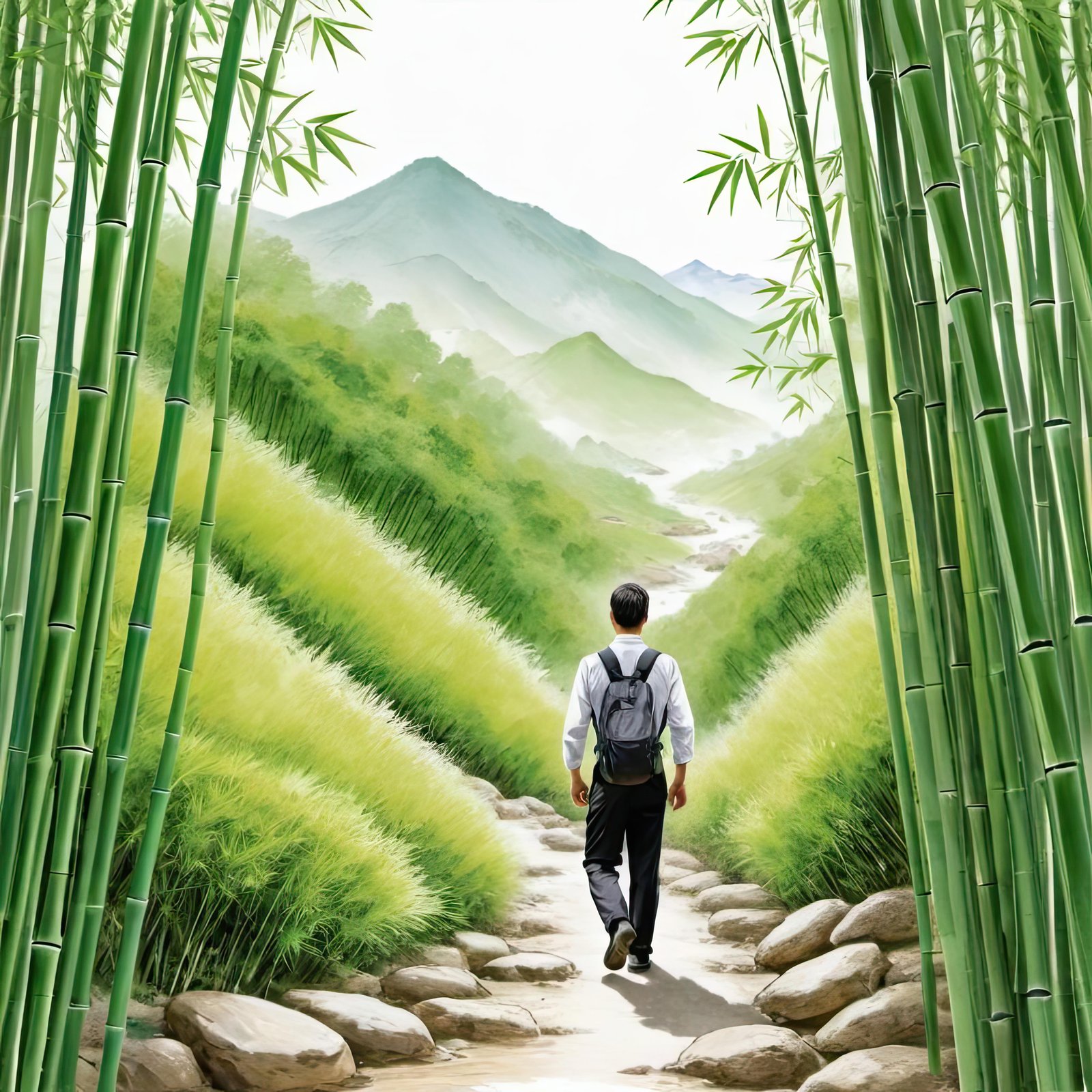 A man walks down a path through a bamboo forest, with distant mountains in the background