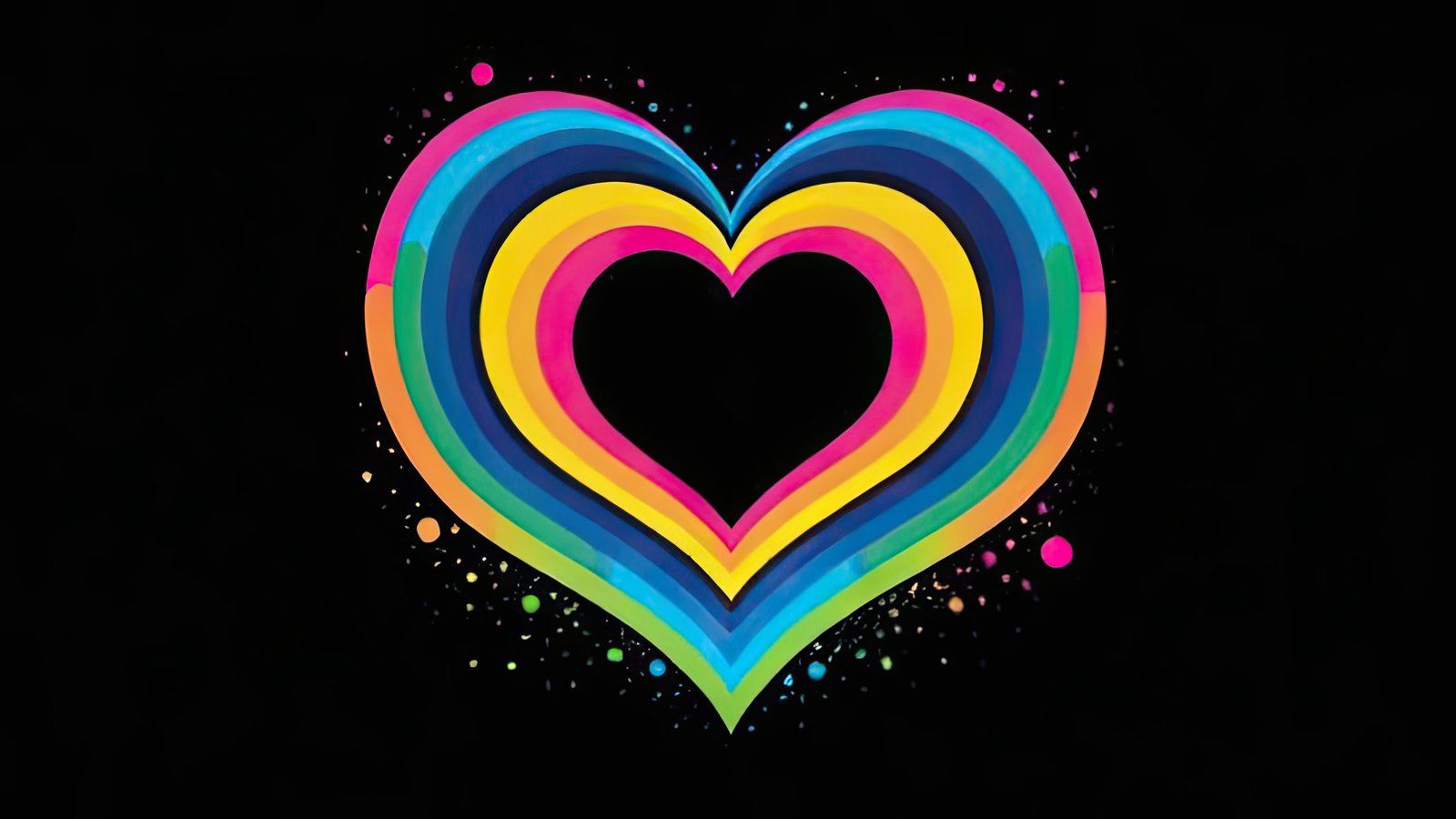 A colorful heart design with a rainbow of colors, set against a black background
