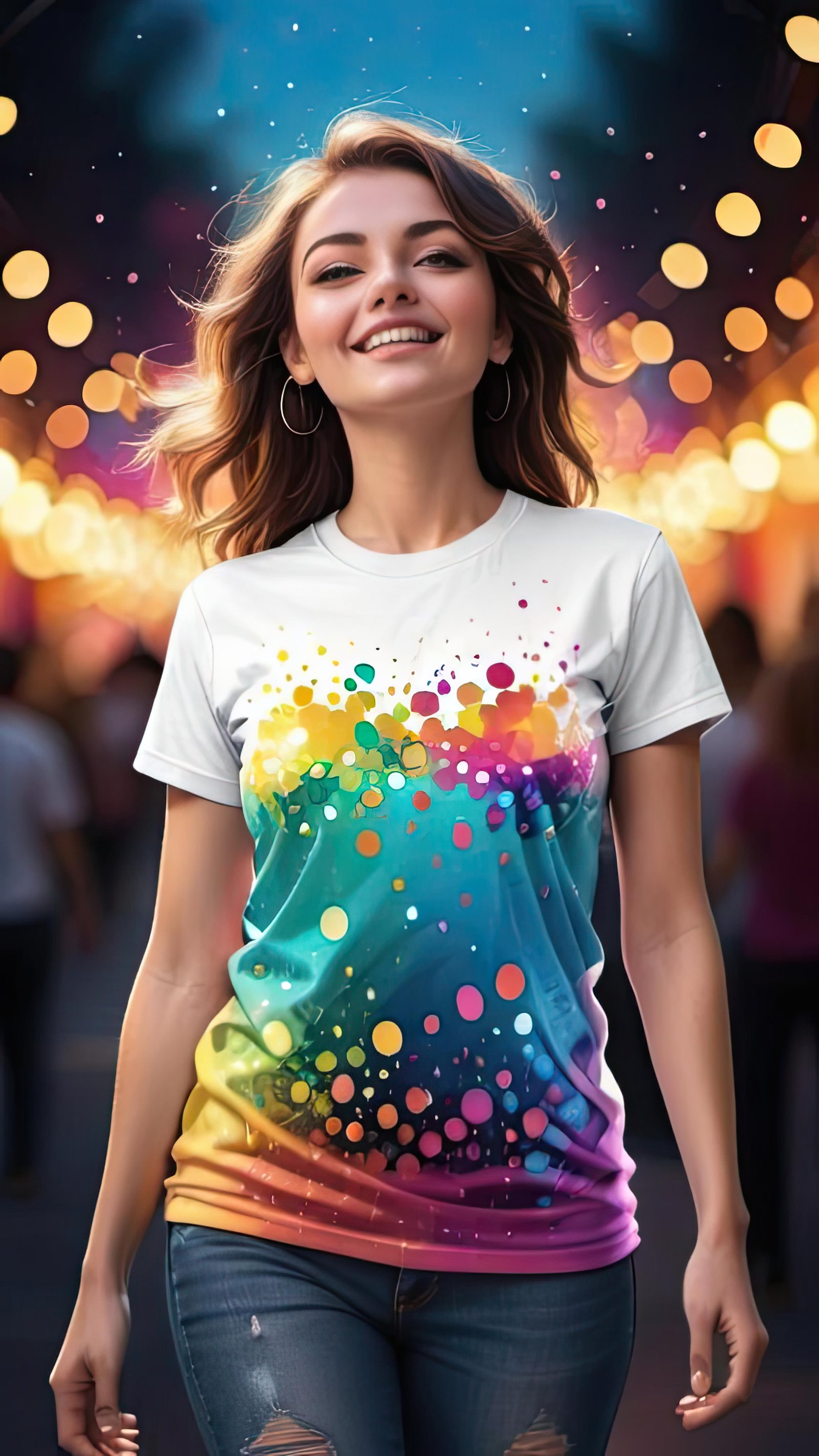 A woman smiles as she walks through a city street at night, wearing a colorful shirt with a design of dots